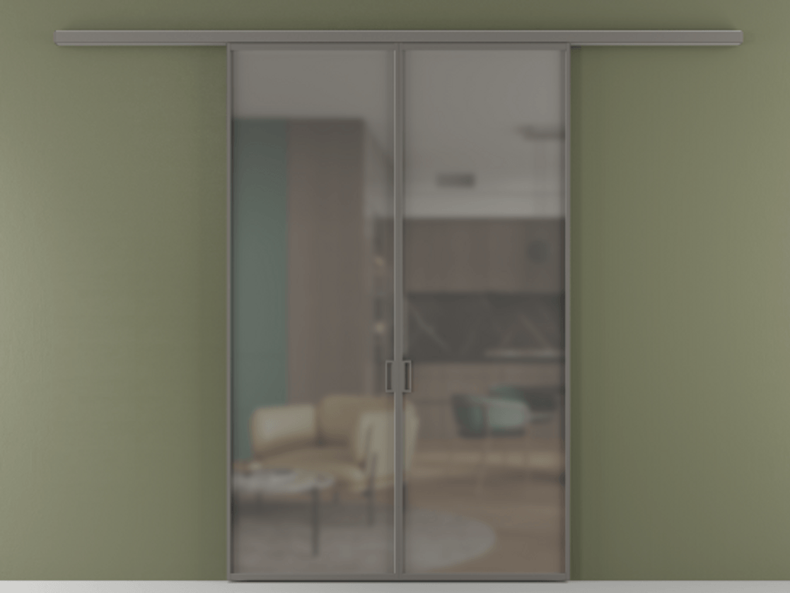 Перегородка Formato вдоль стены двустворчатая АЛПР 040.01 Алюминий классический серый Сатинированное серое стекло, триплекс Цена 1212560 ₸ | Volhovec