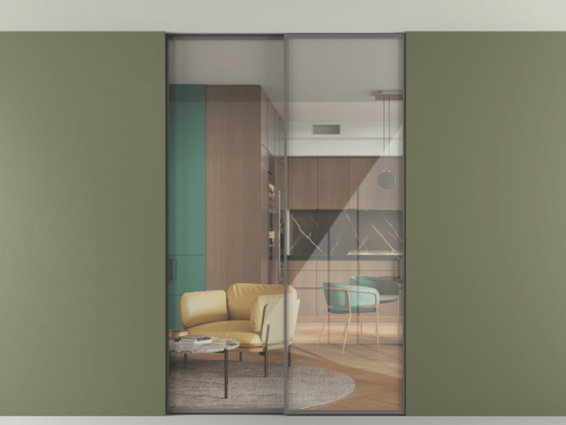 Перегородка Formato внутри проёма скрытое крепление в потолок 2 створки АЛПР 040.01 Алюминий классический серый Рефлективное прозрачное стекло "Stopsol", калёное Цена 1832310 ₸ | Volhovec