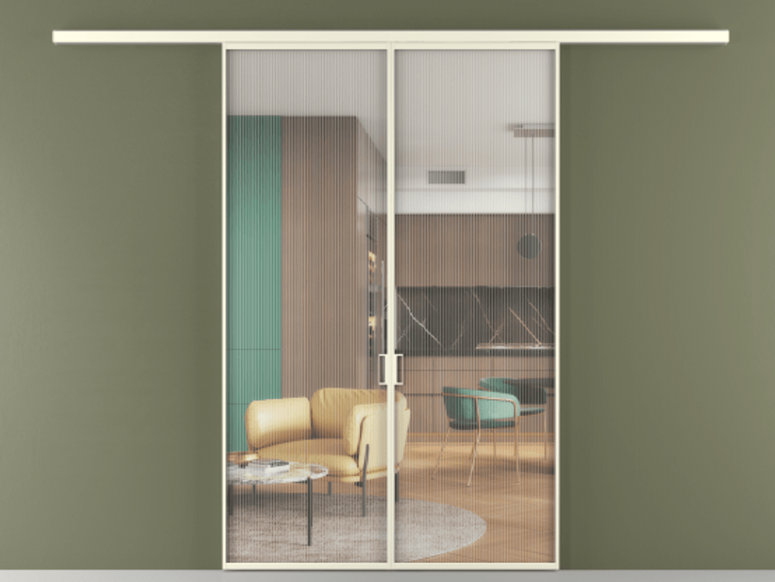 Перегородка Formato вдоль стены 2 створки АЛПР 040.01 Алюминий молочно-белый Рифлёное стекло "Moru", триплекс Цена 1292430 ₸ | Volhovec