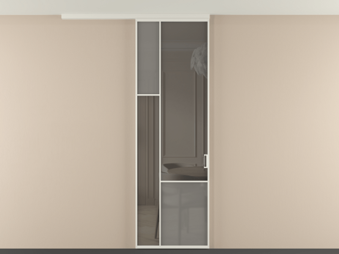 Перегородка Мозаик вдоль стены на потолок 1 створка АЛПР 041.13 Алюминий Белый Сатинированное серое стекло, триплекс, 6 мм + Прозрачное серое стекло, триплекс Цена 979474 ₸ | Volhovec