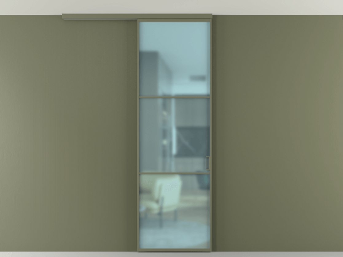 Перегородка Формато вдоль стены на потолок 1 створка АЛПР 040.03 Алюминий оливковый тёмный Сатинированное голубое стекло, триплекс Цена 732243 ₸ | Volhovec