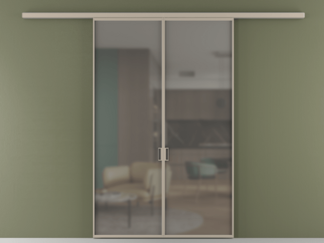 Перегородка Formato вдоль стены двустворчатая АЛПР 040.01 Алюминий бисквитный Сатинированное серое стекло, триплекс Цена 1212560 ₸ | Volhovec