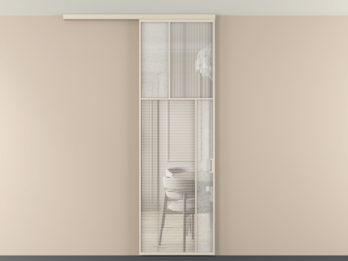 Перегородка Мозаик вдоль стены на потолок 1 створка АЛПР 041.23 Алюминий бежево-серый Рифлёное стекло "Дюна", триплекс, 6 мм + Фактурное стекло "Лёд", триплекс Цена 1081382 ₸ | Volhovec