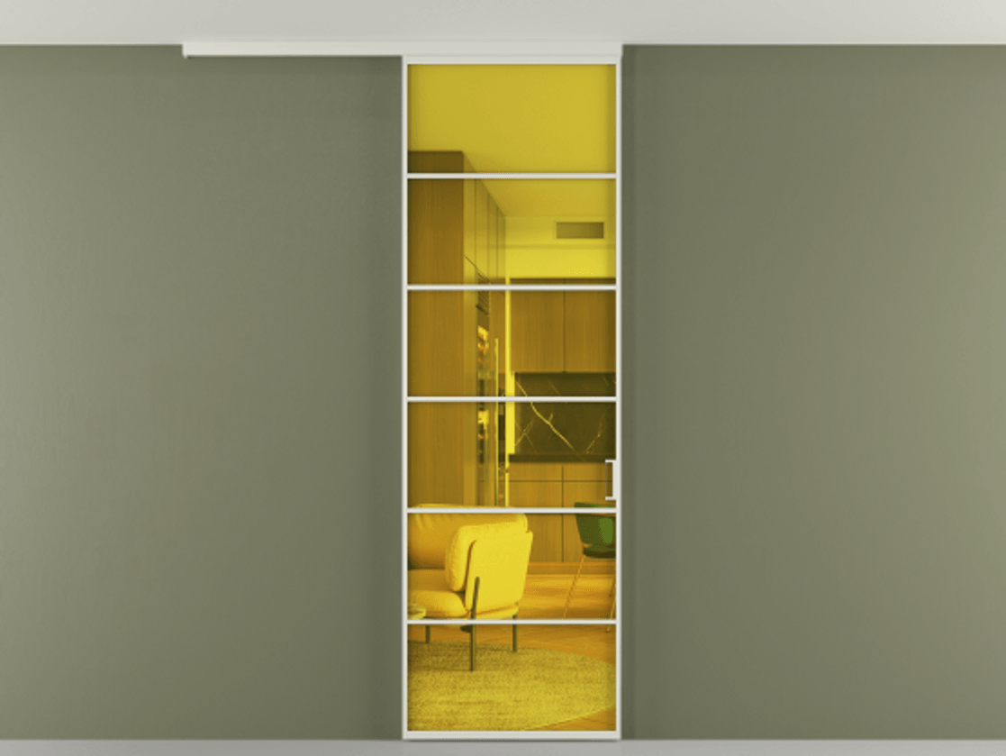 Перегородка Формато вдоль стены на потолок 1 створка АЛПР 040.04 Алюминий Белый Прозрачное жёлтое стекло, триплекс Цена 750651 ₸ | Volhovec