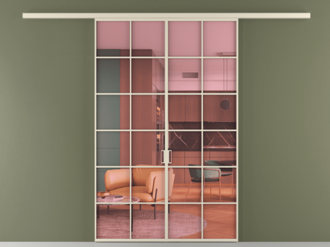 Перегородка Formato вдоль стены 2 створки АЛПР 040.05 Алюминий бежево-серый Прозрачное розовое стекло, триплекс Цена 1344300 ₸ | Volhovec