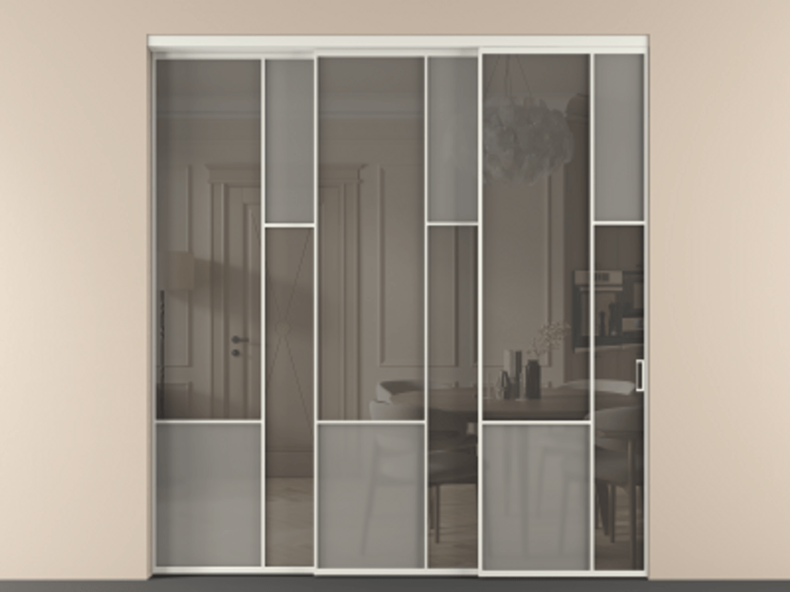 Перегородка Mosaic внутри проёма 3 створки с синхронным механизмом АЛПР 041.12 Алюминий серый Сатинированное серое стекло, триплекс, 6 мм + Прозрачное серое стекло, триплекс Цена 2729310 ₸ | Volhovec