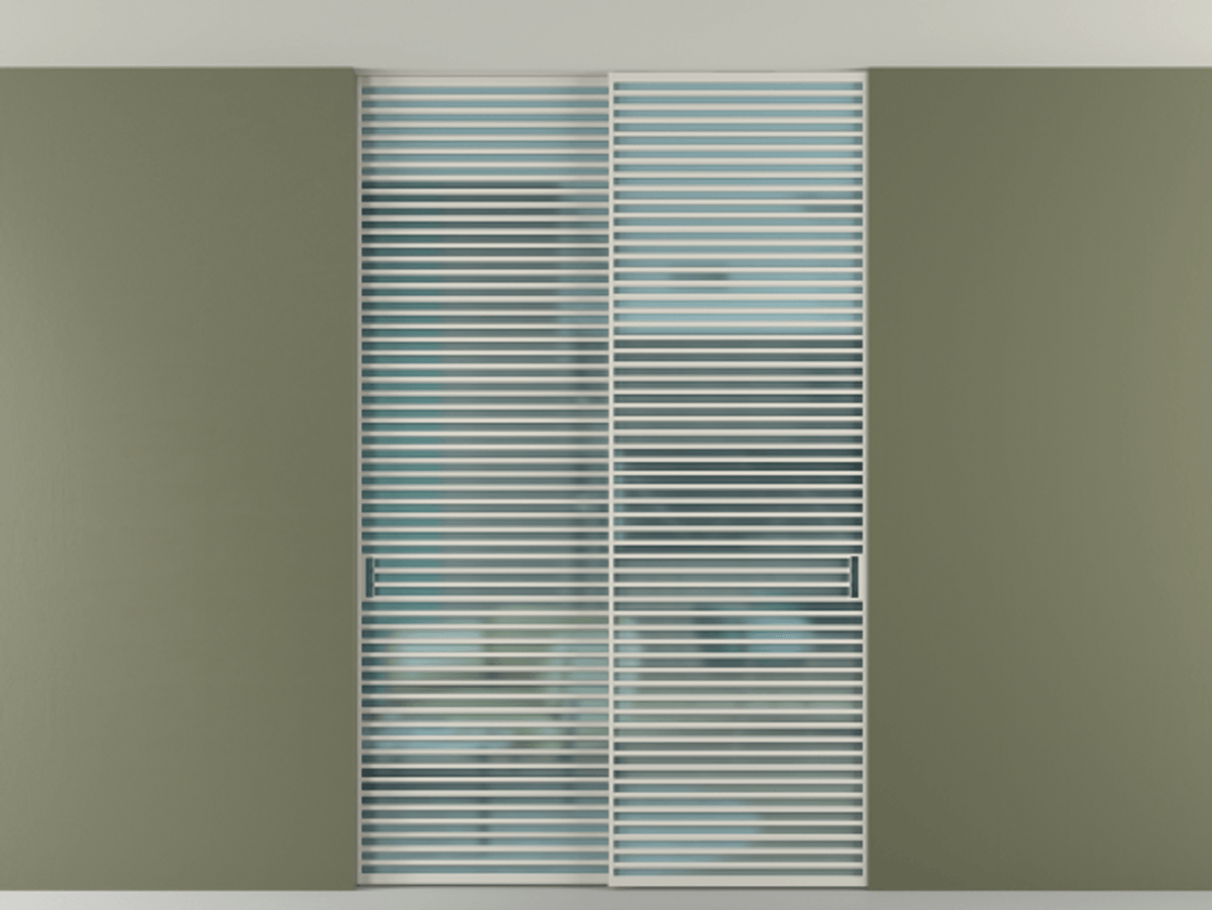 Перегородка Formato внутри проёма скрытое крепление в потолок 2 створки АЛПР 040.07 Алюминий тёплый серый Сатинированное голубое стекло, триплекс Цена 2676700 ₸ | Volhovec