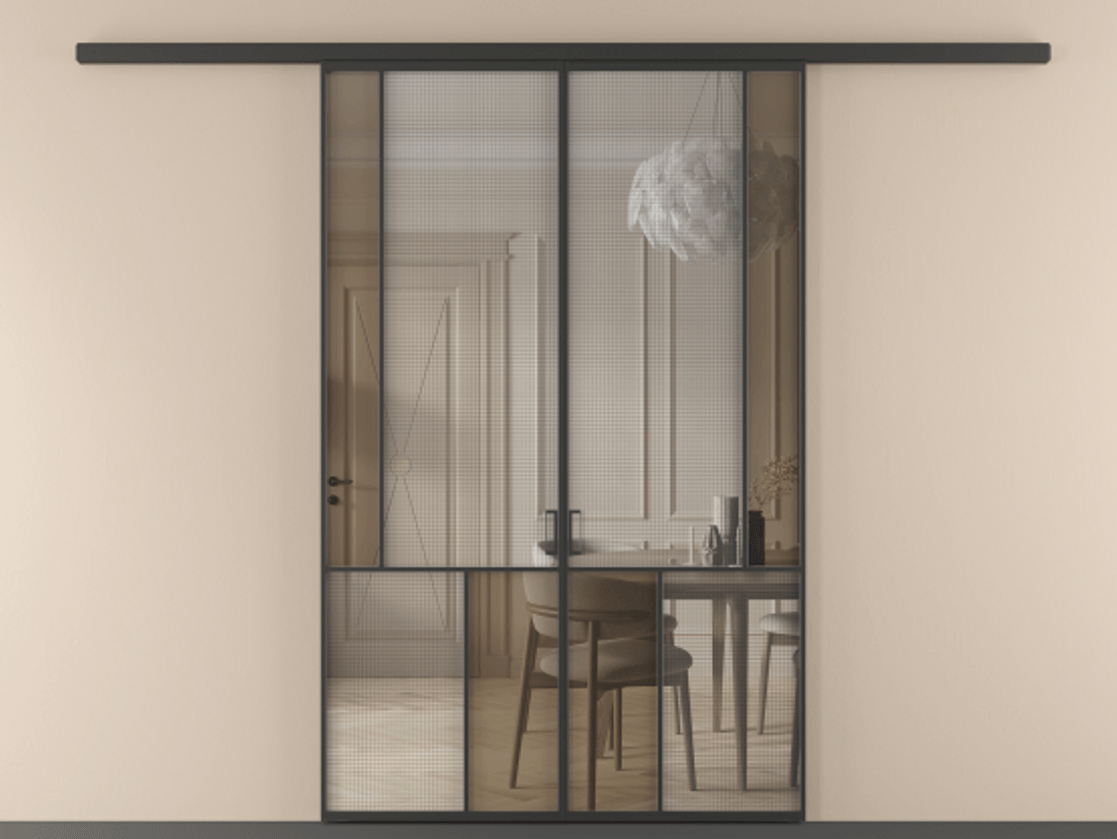 Перегородка Mosaic вдоль стены 2 створки АЛПР 041.21 Алюминий Черный Декоративное стекло с сеткой "Mesh silver", триплекс, 6 мм + Прозрачное бронзовое стекло, триплекс Цена 1660340 ₸ | Volhovec