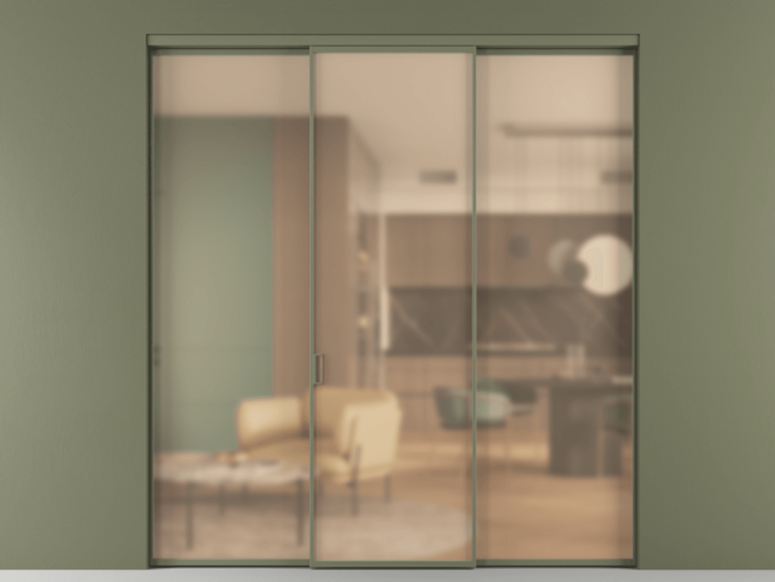 Перегородка Formato внутри проёма 3 створки АЛПР 040.01 Алюминий оливковый тёмный Сатинированное оранжевое стекло, триплекс Цена 1701945 ₸ | Volhovec