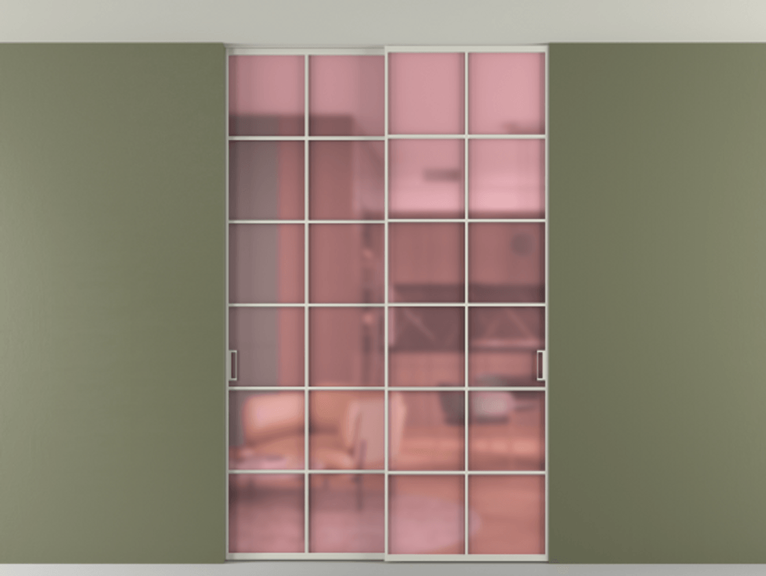 Перегородка Formato внутри проёма скрытое крепление в потолок 2 створки АЛПР 040.05 Алюминий тёплый серый Сатинированное розовое стекло, триплекс Цена 1686100 ₸ | Volhovec