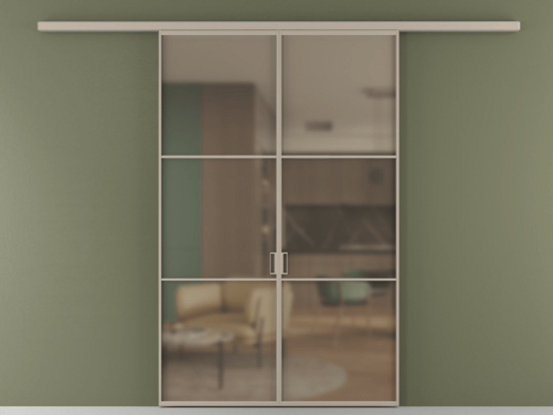 Перегородка Formato вдоль стены 2 створки АЛПР 040.03 Алюминий бисквитный Сатинированное бронзовое стекло, триплекс Цена 1266470 ₸ | Volhovec