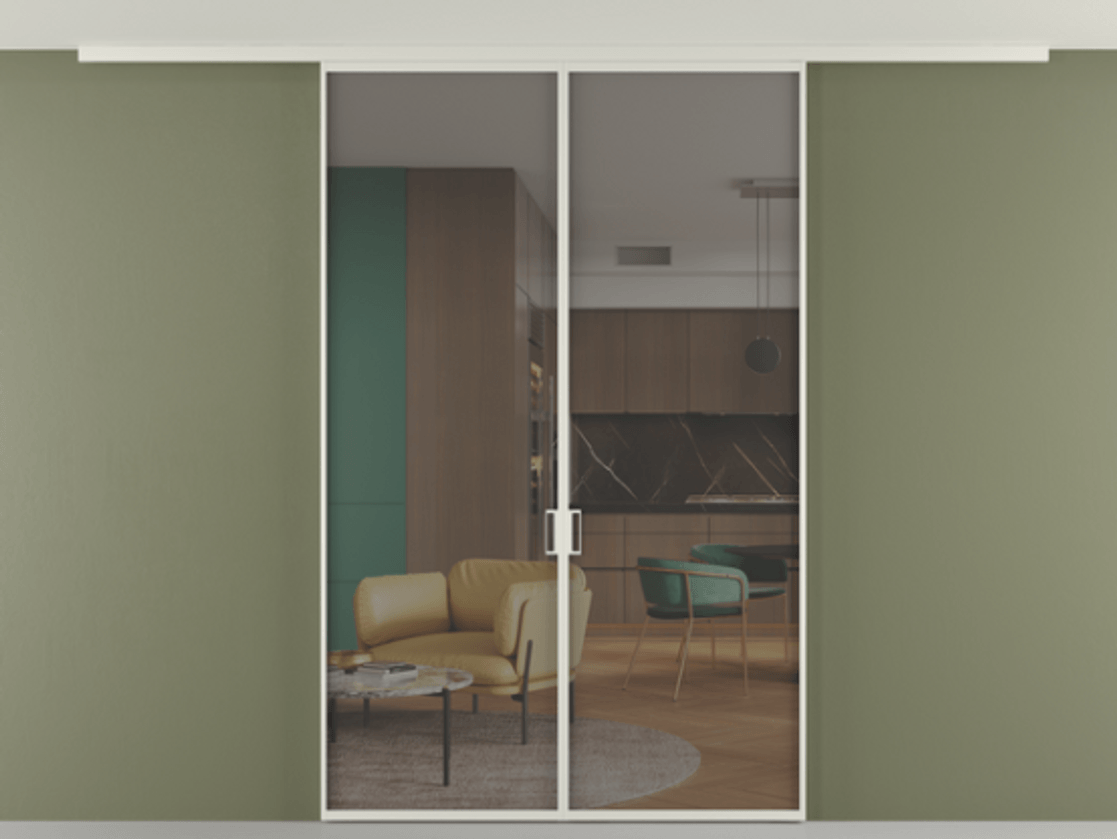 Перегородка Formato вдоль стены на потолок двустворчатая АЛПР 040.01 Алюминий Белый Прозрачное серое стекло, триплекс, 6 мм Цена 1219920 ₸ | Volhovec