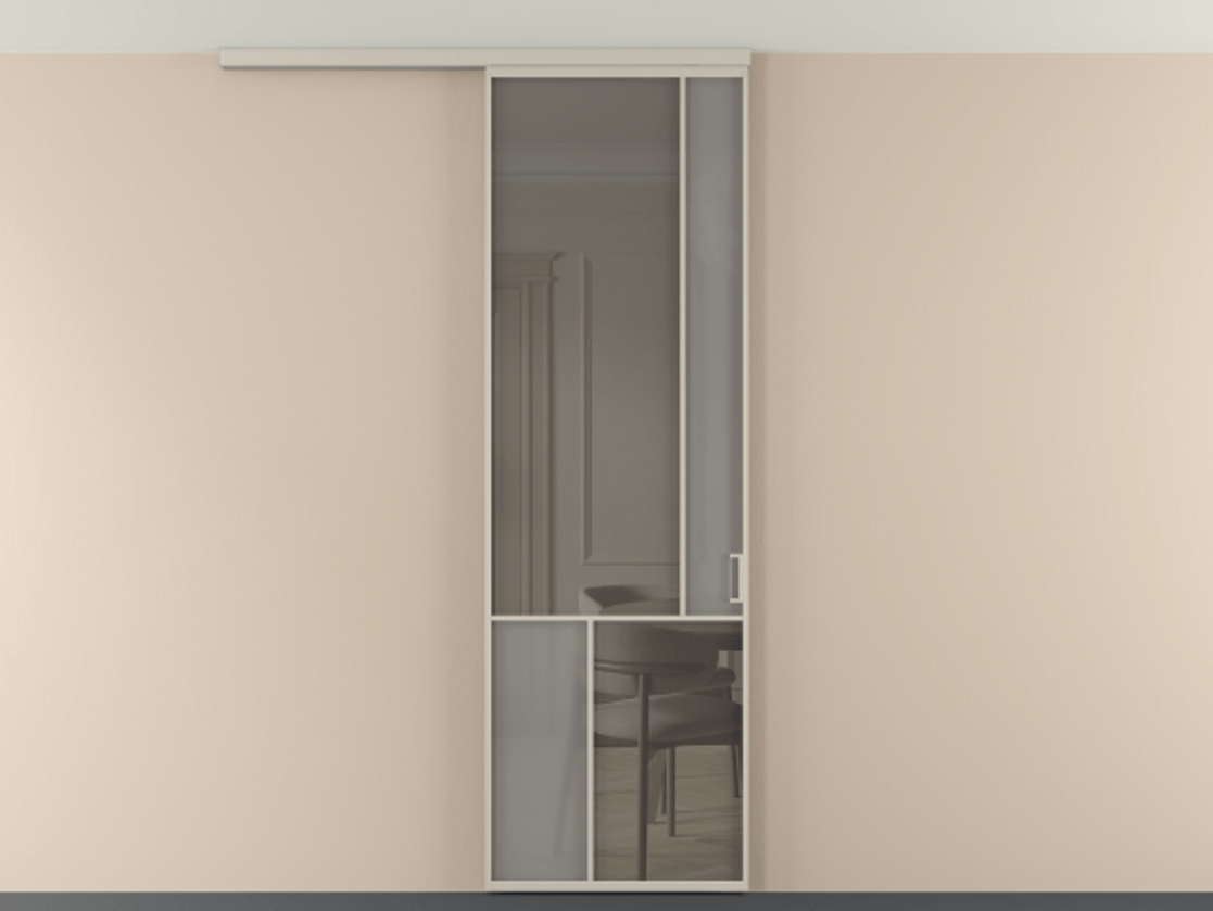 Перегородка Мозаик вдоль стены на потолок 1 створка АЛПР 041.21 Алюминий светло-бежевый Сатинированное серое стекло, триплекс, 6 мм + Прозрачное серое стекло, триплекс Цена 1020902 ₸ | Volhovec