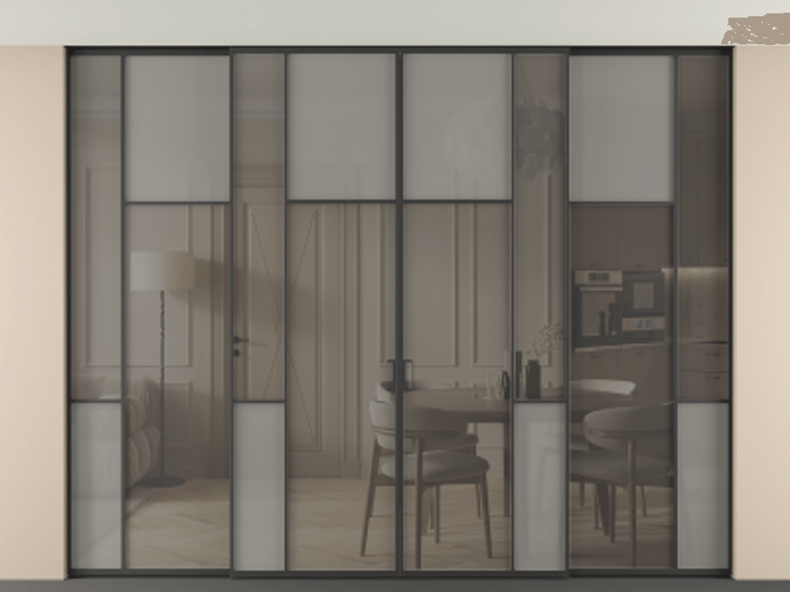 Перегородка Mosaic внутри проёма скрытое крепление в потолок 4 створки АЛПР 041.10 Алюминий Черный Сатинированное серое стекло, триплекс, 6 мм + Прозрачное серое стекло, триплекс Цена 3582630 ₸ | Volhovec