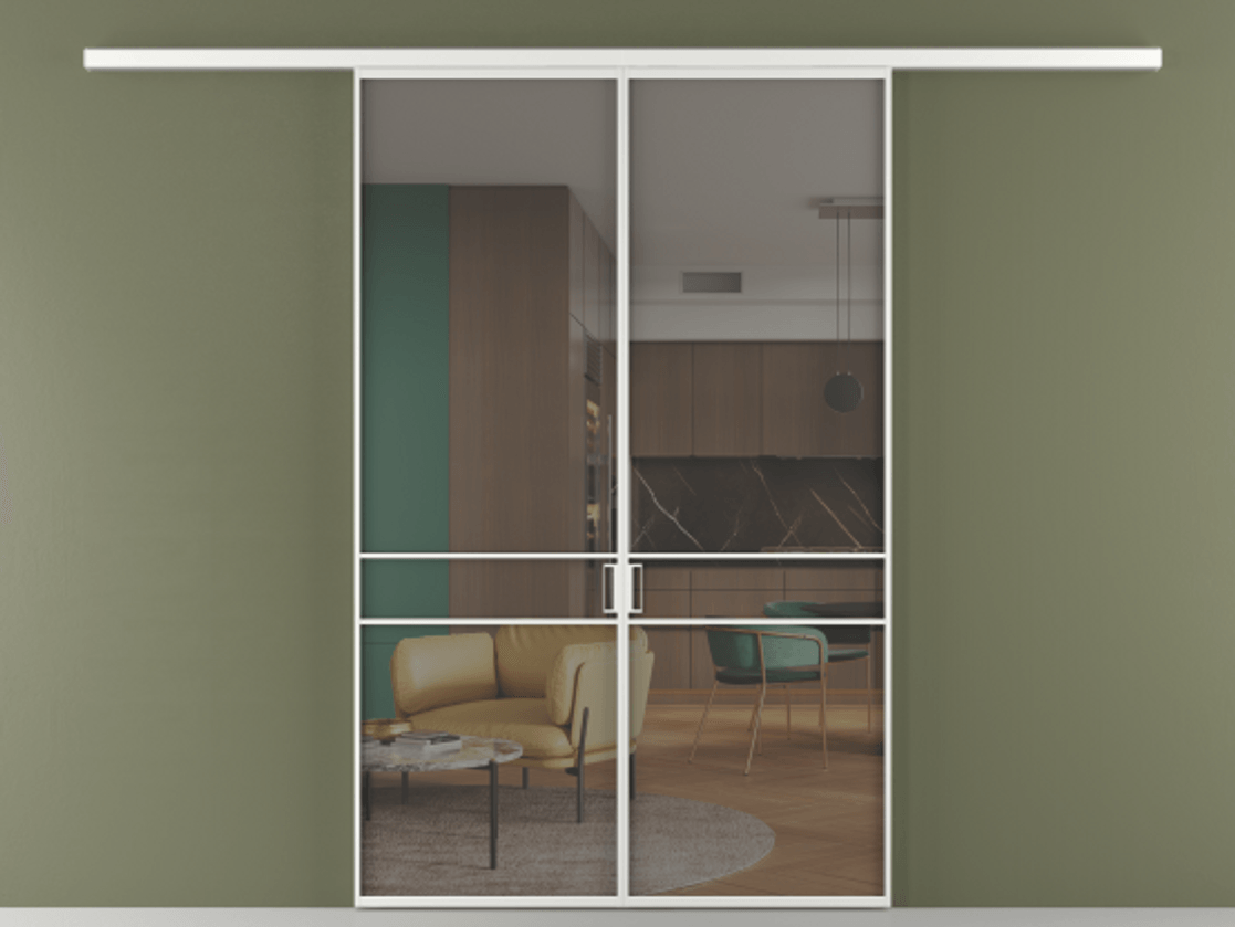 Перегородка Formato вдоль стены двустворчатая АЛПР 040.02 Алюминий белоснежный Прозрачное серое стекло, триплекс Цена 1266470 ₸ | Volhovec