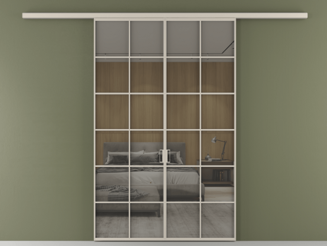 Перегородка Formato вдоль стены 2 створки АЛПР 040.05 Алюминий светло-бежевый Рефлективное серое стекло "Stopsol", калёное Цена 1651100 ₸ | Volhovec