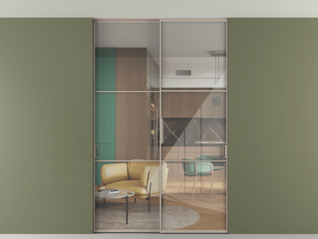 Перегородка Formato внутри проёма скрытое крепление в потолок 2 створки АЛПР 040.03 Алюминий бисквитный Рефлективное прозрачное стекло "Stopsol", калёное Цена 1906440 ₸ | Volhovec