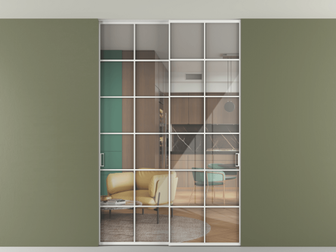 Перегородка Formato внутри проёма скрытое крепление в потолок 2 створки АЛПР 040.05 Алюминий белоснежный Рефлективное прозрачное стекло "Stopsol", калёное Цена 2013520 ₸ | Volhovec