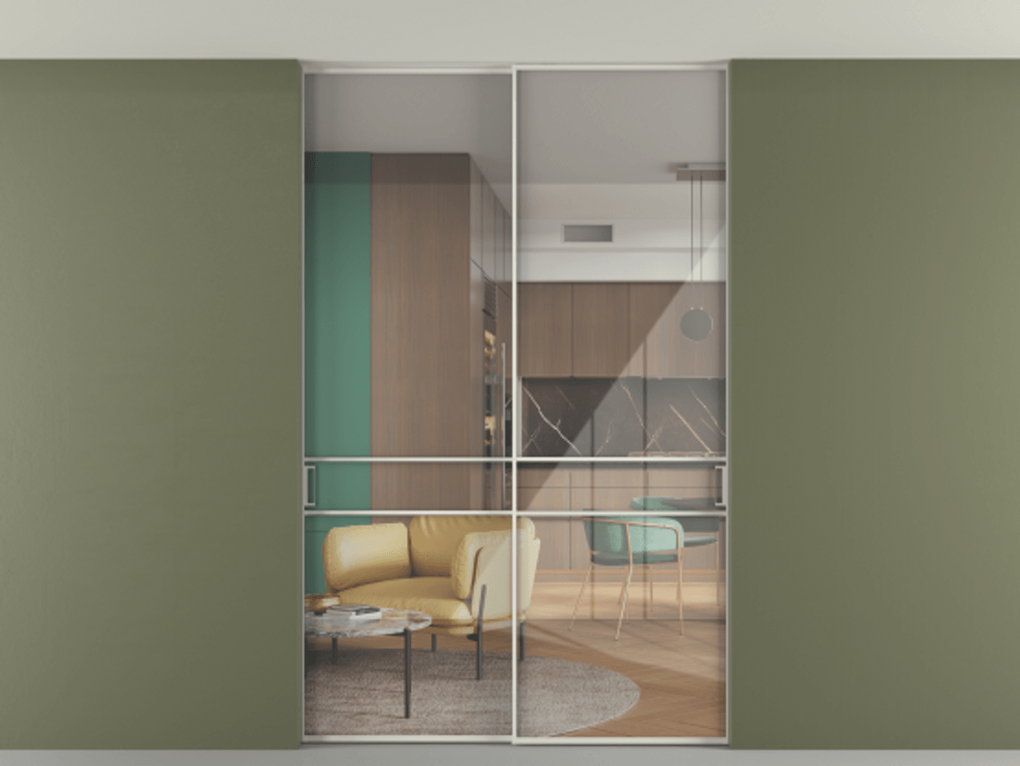 Перегородка Formato внутри проёма скрытое крепление в потолок 2 створки АЛПР 040.02 Алюминий Белый Рефлективное прозрачное стекло "Stopsol", калёное. Скрытый короб БЕЛ Цена 1857020 ₸ 1. Полотно 2 шт. (800/2100 мм)
2. Комплект установки раздвижной системы
3. Базовый комплект фурнитуры
4. Ручка RONDO. Фабрика дверей Волховец 8 (800) 551 43 19 Перегородка Formato внутри проёма скрытое крепление в потолок 2 створки АЛПР 040.02 Алюминий Белый Рефлективное прозрачное стекло "Stopsol", калёное Цена 1857020 ₸ | Volhovec