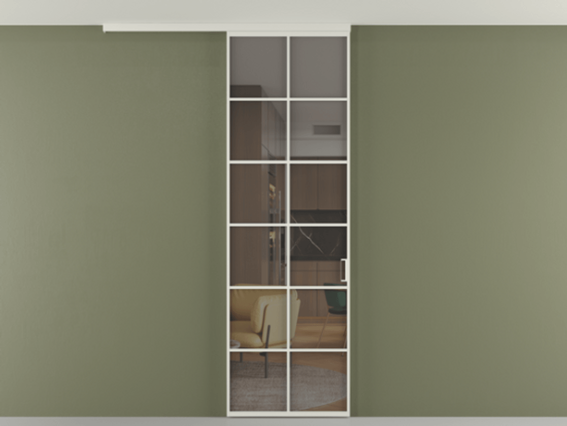 Перегородка Формато вдоль стены на потолок 1 створка АЛПР 040.05 Алюминий Белый Прозрачное серое стекло, триплекс Цена 750655 ₸ | Volhovec