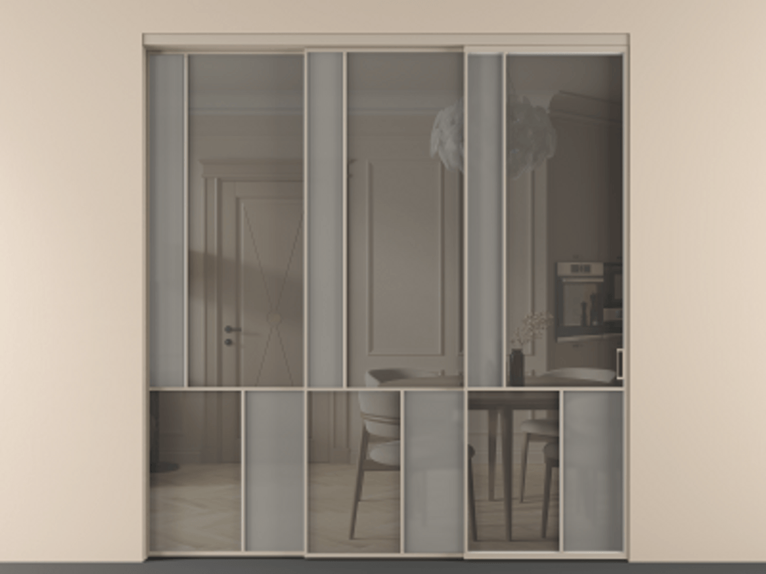 Перегородка Mosaic внутри проёма 3 створки с синхронным механизмом АЛПР 041.20  Алюминий бисквитный Сатинированное серое стекло, триплекс, 6 мм + Прозрачное серое стекло, триплекс Цена 2729310 ₸ | Volhovec