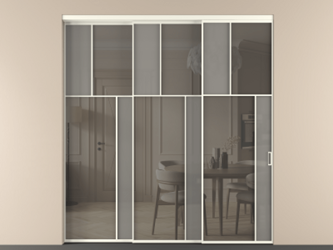 Перегородка Mosaic внутри проёма 3 створки с синхронным механизмом АЛПР 041.23 Алюминий жемчужный Сатинированное серое стекло, триплекс, 6 мм + Прозрачное серое стекло, триплекс Цена 2729310 ₸ | Volhovec