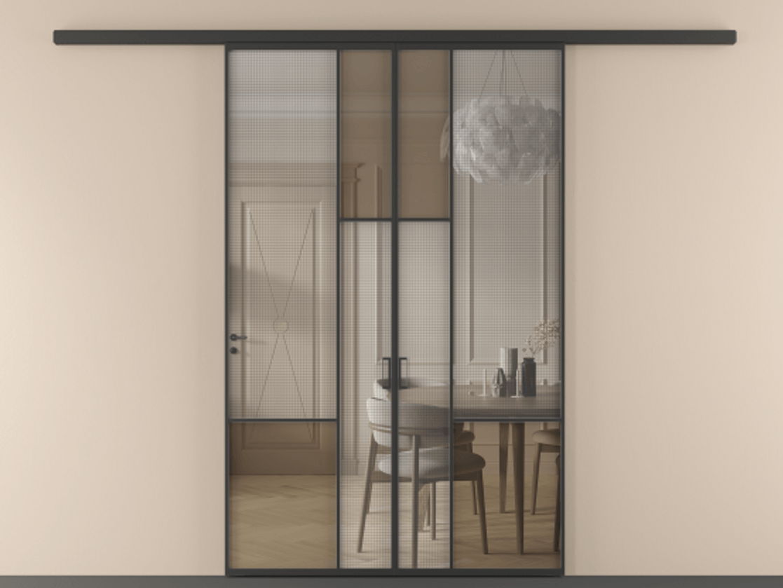 Перегородка Mosaic вдоль стены двустворчатая АЛПР 041.13 Алюминий Черный Декоративное стекло с сеткой "Mesh silver", триплекс, 6 мм + Прозрачное бронзовое стекло, триплекс, 6 мм. Скрытый короб ЧЕР Цена 1569730 ₸ . Фабрика дверей Волховец 8 (800) 551 43 19 Перегородка Mosaic вдоль стены двустворчатая АЛПР 041.13 Алюминий Черный Декоративное стекло с сеткой "Mesh silver", триплекс, 6 мм + Прозрачное бронзовое стекло, триплекс, 6 мм Цена 1569730 ₸ | Volhovec