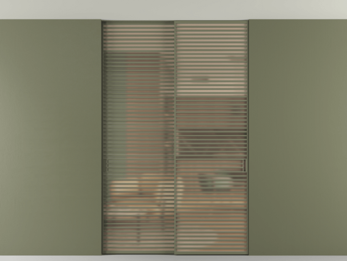 Перегородка Formato внутри проёма скрытое крепление в потолок 2 створки АЛПР 040.07 Алюминий оливковый тёмный Сатинированное оранжевое стекло, триплекс Цена 2676700 ₸ | Volhovec