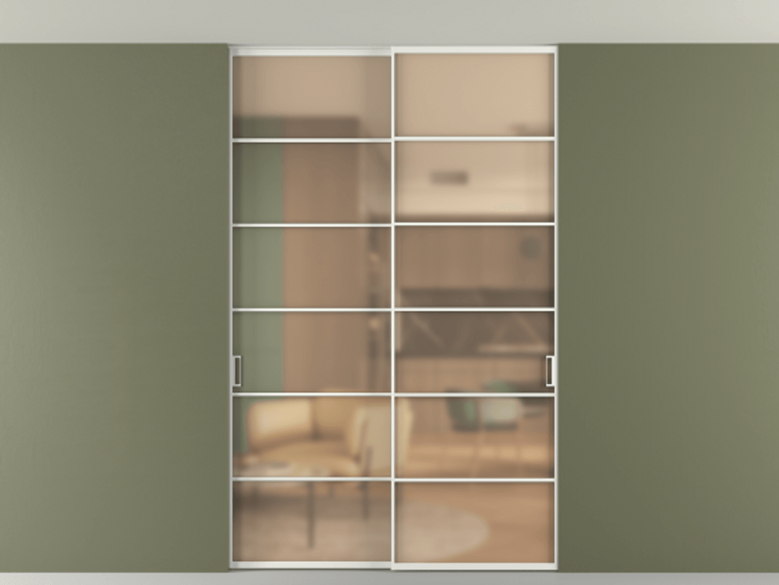 Перегородка Formato внутри проёма скрытое крепление в потолок 2 створки АЛПР 040.04 Алюминий светло-серый Сатинированное оранжевое стекло, триплекс Цена 1686100 ₸ | Volhovec