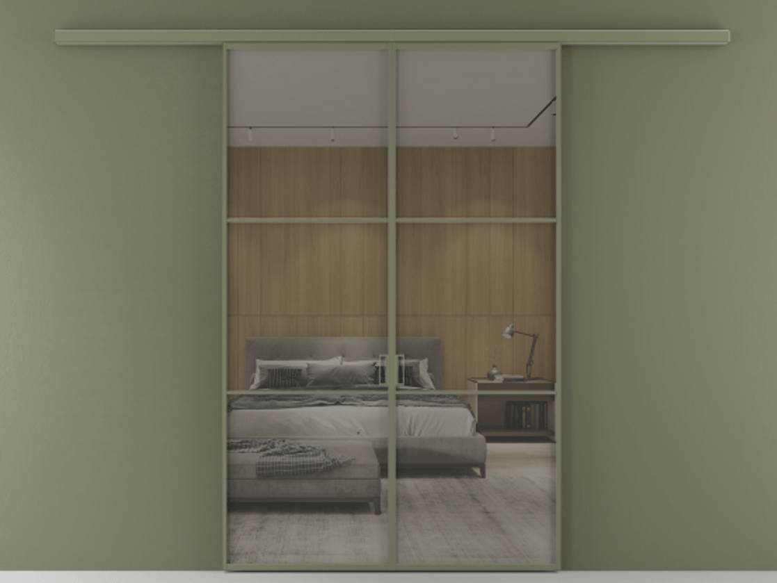 Перегородка Formato вдоль стены 2 створки АЛПР 040.03 Алюминий оливковый тёмный Рефлективное серое стекло "Stopsol", калёное Цена 1553760 ₸ | Volhovec