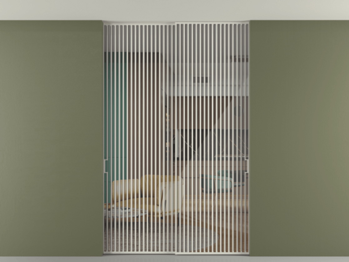 Перегородка Formato внутри проёма скрытое крепление в потолок 2 створки АЛПР 040.06 Алюминий Белый Рефлективное прозрачное стекло "Stopsol", калёное Цена 3137850 ₸ | Volhovec