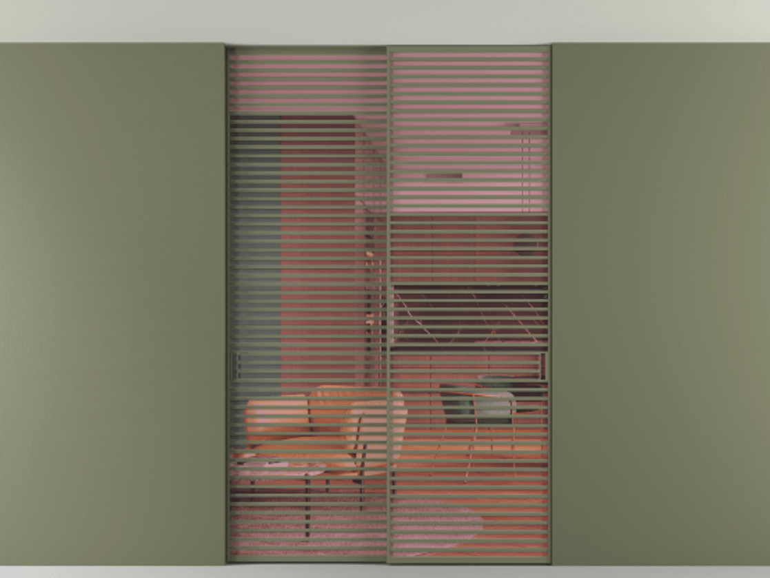 Перегородка Formato внутри проёма скрытое крепление в потолок 2 створки АЛПР 040.07 Алюминий оливковый тёмный Прозрачное розовое стекло, триплекс Цена 2676700 ₸ | Volhovec