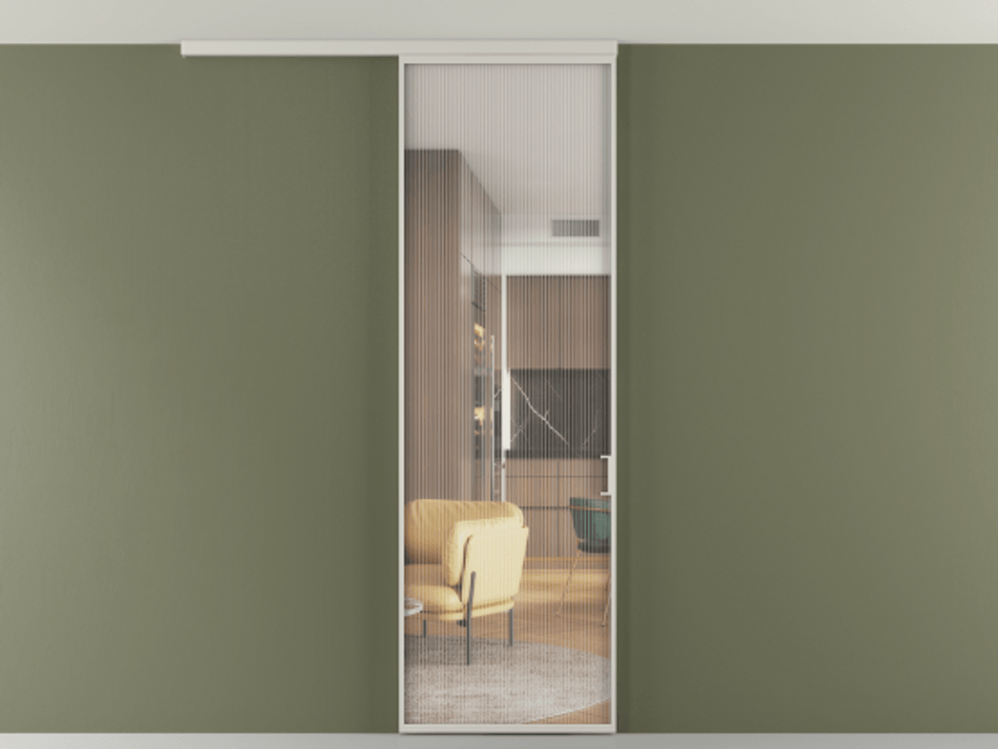 Перегородка Формато вдоль стены на потолок 1 створка АЛПР 040.01 Алюминий тёплый серый Рифлёное стекло "Мору", триплекс Цена 743927 ₸ | Volhovec