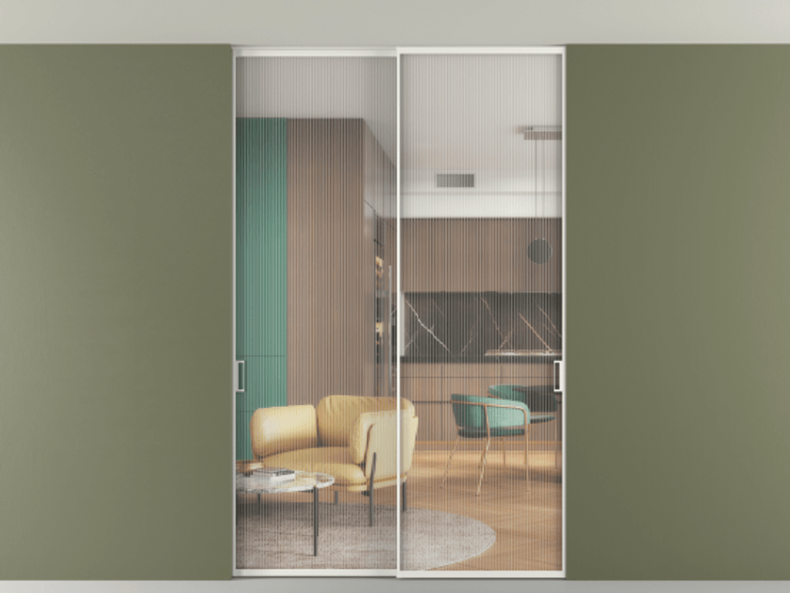 Перегородка Formato внутри проёма скрытое крепление в потолок 2 створки АЛПР 040.01 Алюминий светло-серый Рифлёное стекло "Moru", триплекс Цена 1620980 ₸ | Volhovec