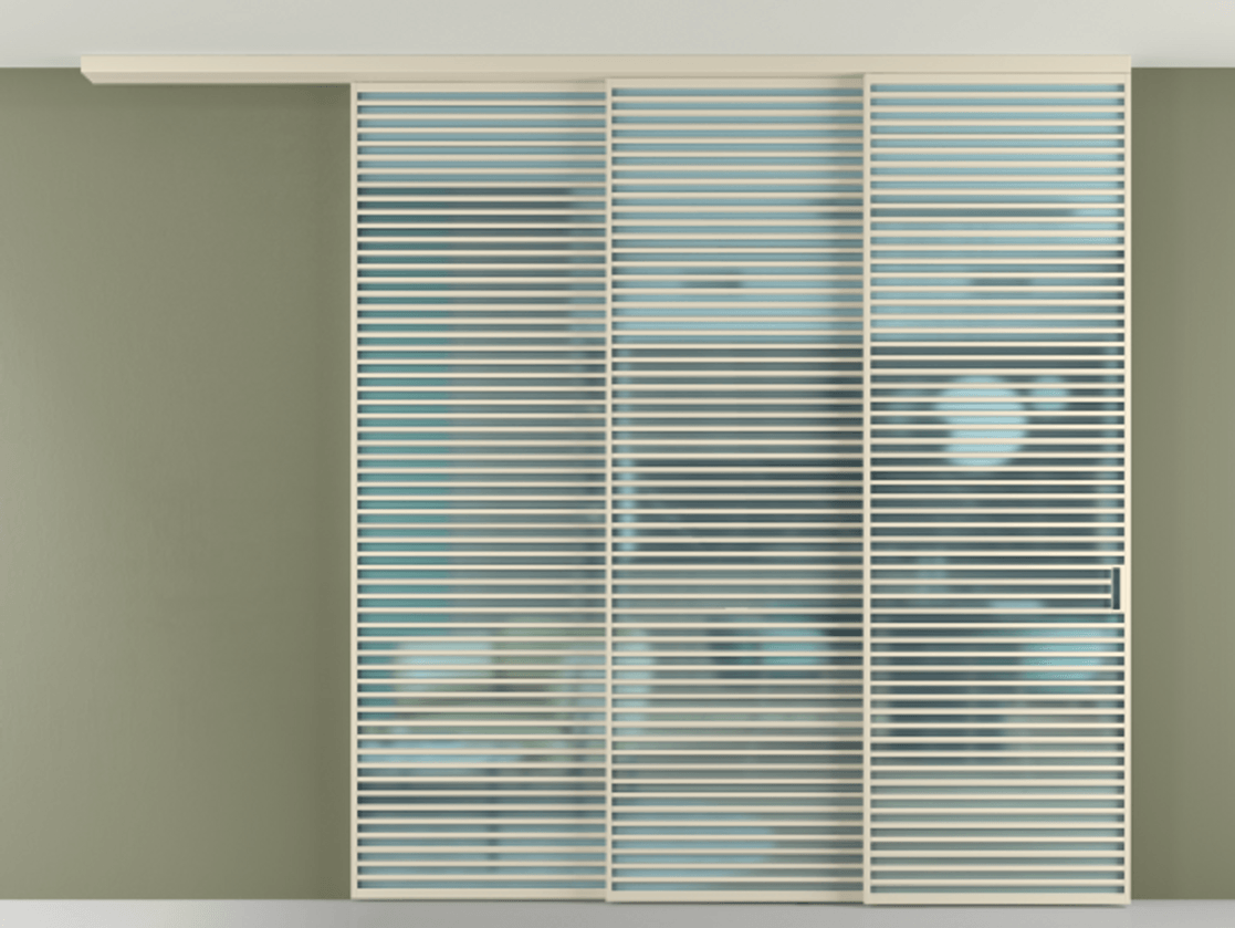 Перегородка Formato вдоль стены на потолок телескопик синхро 3 АЛПР 040.07 Алюминий бежево-серый Сатинированное голубое стекло, триплекс Цена 4087700 ₸ | Volhovec