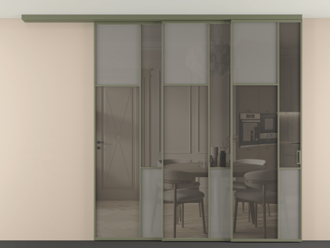 Перегородка Mosaic вдоль стены на потолок 3 створки с синхронным механизмом АЛПР 041.10 Алюминий оливковый тёмный Сатинированное серое стекло, триплекс, 6 мм + Прозрачное серое стекло, триплекс Цена 3110760 ₸ | Volhovec