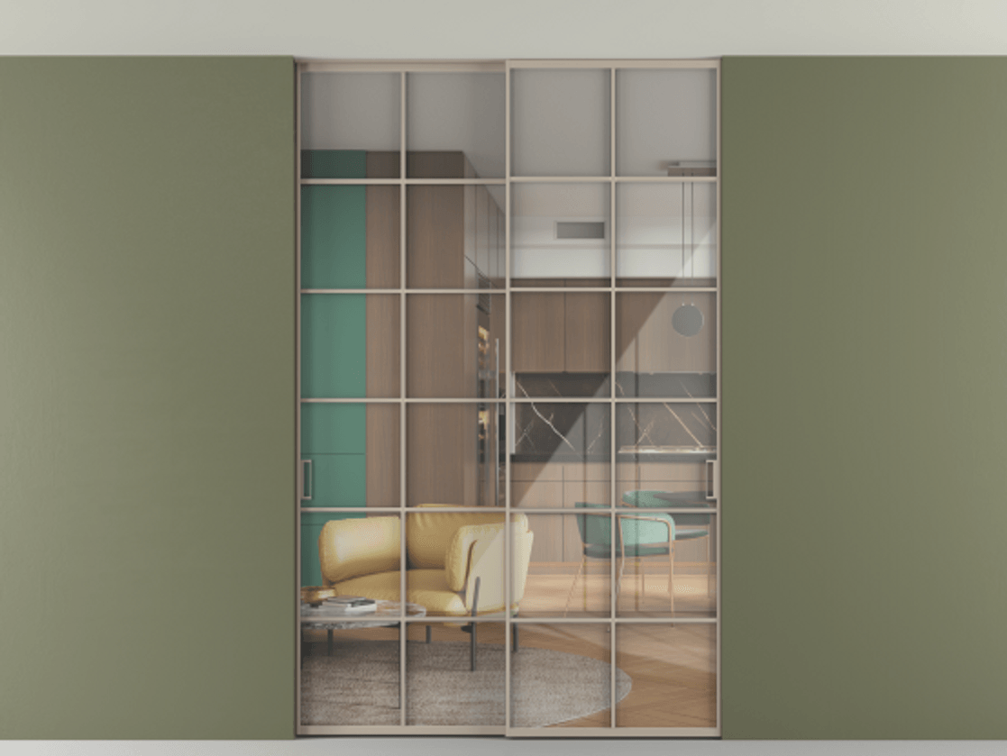 Перегородка Formato внутри проёма скрытое крепление в потолок 2 створки АЛПР 040.05 Алюминий бисквитный Рефлективное прозрачное стекло "Stopsol", калёное Цена 2013520 ₸ | Volhovec