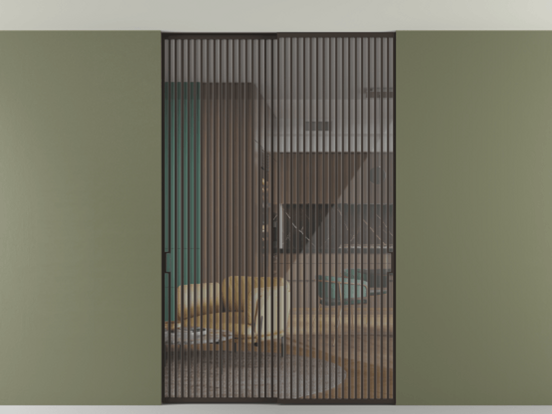 Перегородка Formato внутри проёма скрытое крепление в потолок 2 створки АЛПР 040.06 Алюминий антрацит Рефлективное прозрачное стекло "Stopsol", калёное Цена 3251790 ₸ | Volhovec