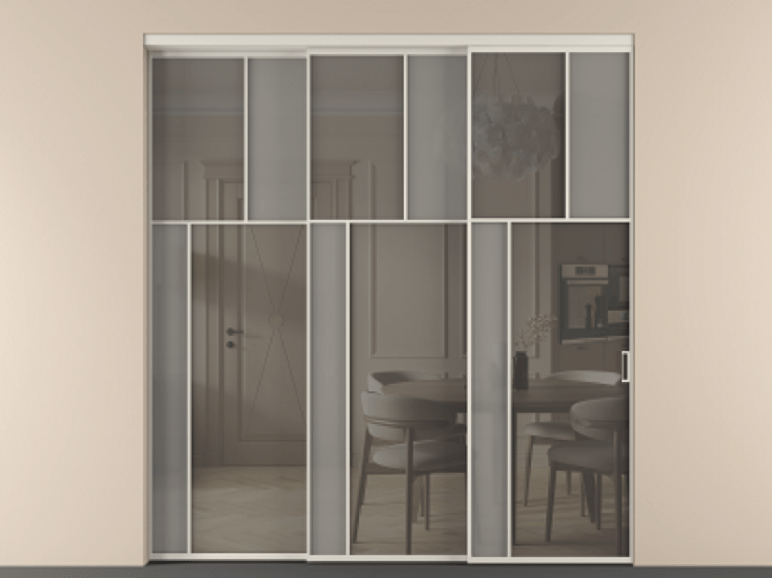 Перегородка Mosaic внутри проёма телескопик синхро 2 АЛПР 041.22 Алюминий облачно-серый Сатинированное серое стекло, триплекс, 6 мм + Прозрачное серое стекло, триплекс Цена 2729310 ₸ | Volhovec