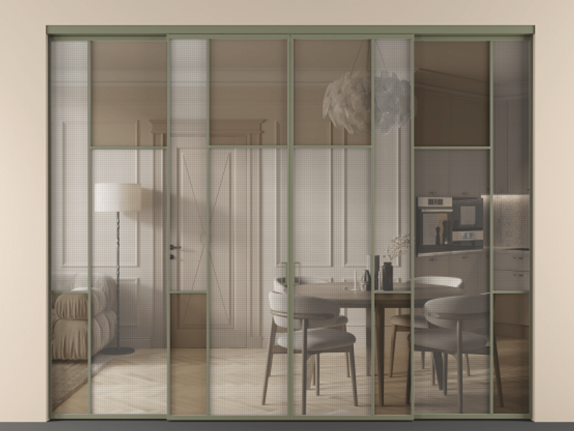 Перегородка Mosaic внутри проёма четырёхстворчатая АЛПР 041.10 Алюминий оливковый тёмный Декоративное стекло с сеткой "Mesh silver", триплекс, 6 мм + Прозрачное бронзовое стекло, триплекс. Цена 3025901 ₸ . Фабрика дверей Волховец 8 (800) 551 43 19 Перегородка Mosaic внутри проёма четырёхстворчатая АЛПР 041.10 Алюминий оливковый тёмный Декоративное стекло с сеткой "Mesh silver", триплекс, 6 мм + Прозрачное бронзовое стекло, триплекс Цена 3025901 ₸ | Volhovec