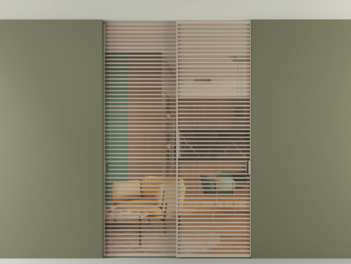 Перегородка Formato внутри проёма скрытое крепление в потолок 2 створки АЛПР 040.07 Алюминий бисквитный Прозрачное оранжевое стекло, триплекс Цена 2676700 ₸ | Volhovec