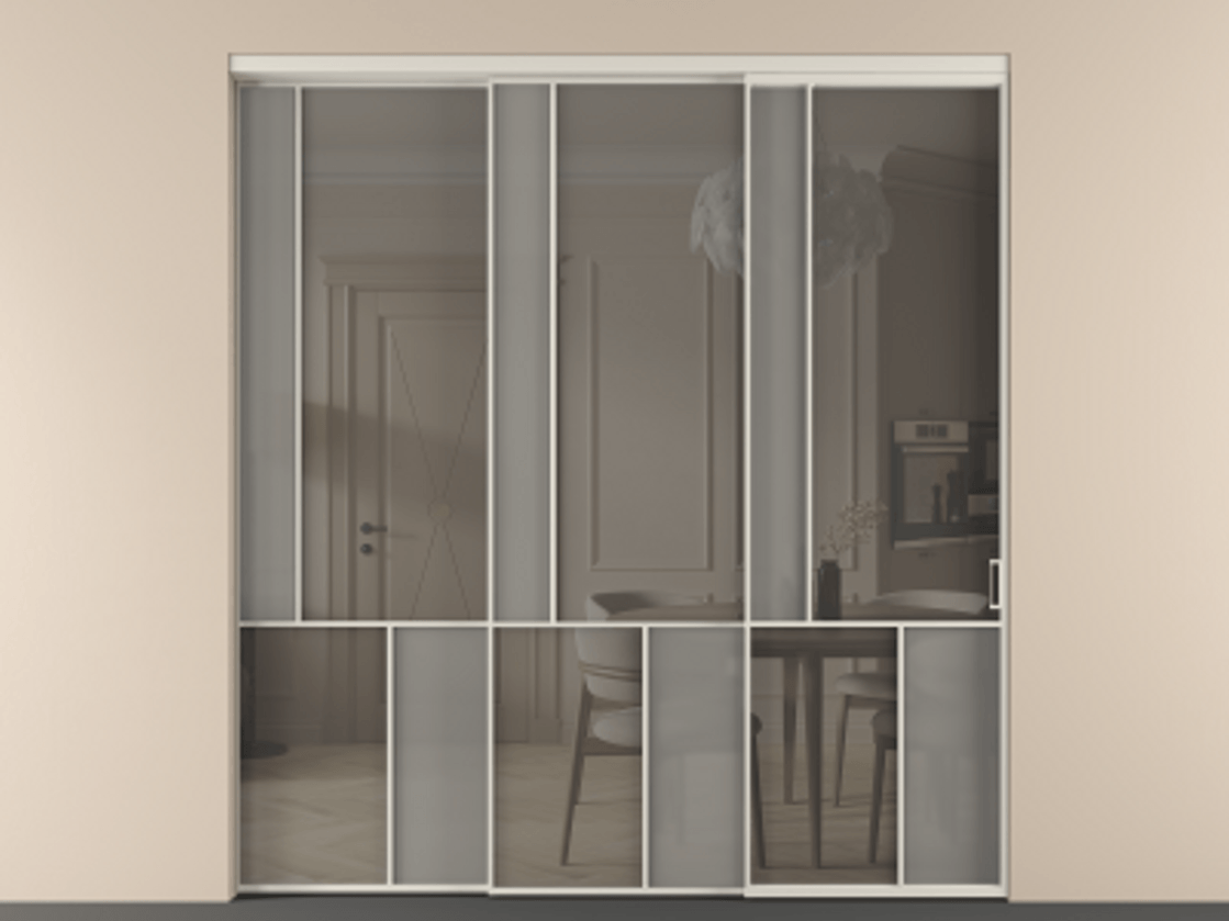 Перегородка Mosaic внутри проёма телескопик синхро 2 АЛПР 041.20  Алюминий облачно-серый Сатинированное серое стекло, триплекс, 6 мм + Прозрачное серое стекло, триплекс Цена 2729310 ₸ | Volhovec