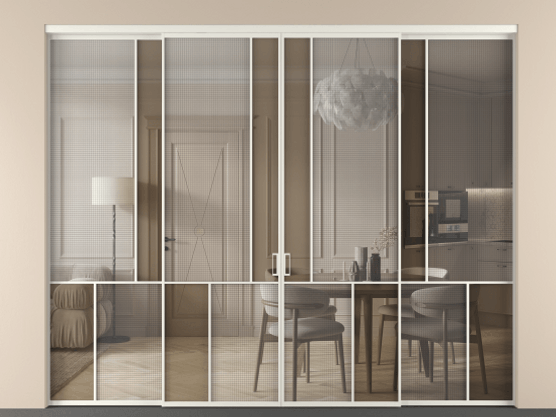 Перегородка Mosaic внутри проёма четырёхстворчатая АЛПР 041.20 Алюминий Белый Декоративное стекло с сеткой "Mesh silver", триплекс, 6 мм + Прозрачное бронзовое стекло, триплекс, 6 мм Цена 2750090 ₸ | Volhovec