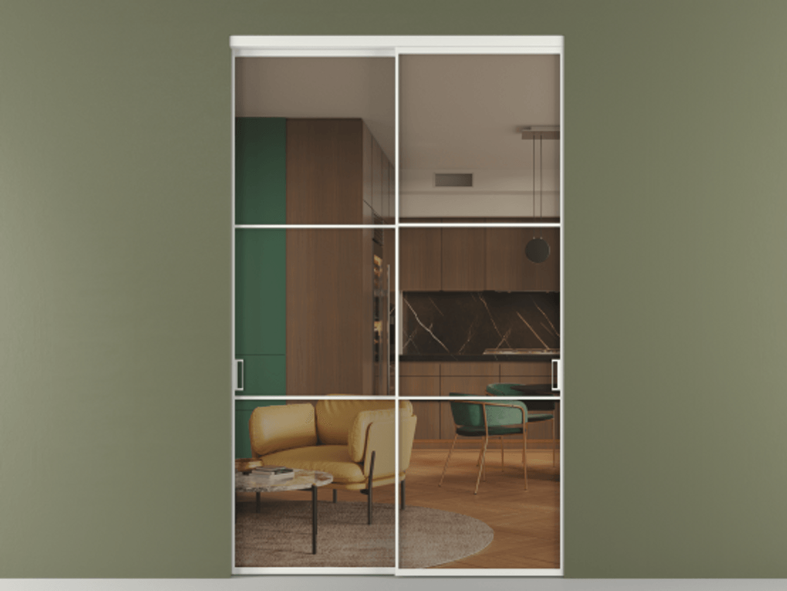 Межкомнатная дверь New Перегородка Formato внутри проёма двустворчатая АЛПР 040.03 Алюминий светло-серый Прозрачное бронзовое стекло, триплекс Цена 2697300  | Volhovec