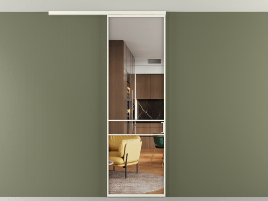 Перегородка Формато вдоль стены на потолок 1 створка АЛПР 040.02 Алюминий жемчужный Прозрачное стекло "Кристал Вижн", калёное Цена 948856 ₸ | Volhovec