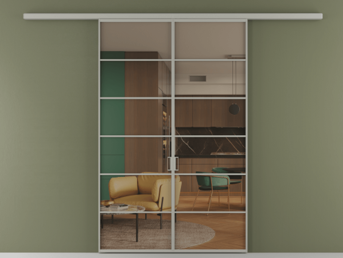 Перегородка Formato вдоль стены 2 створки АЛПР 040.04 Алюминий нейтральный серый Прозрачное бронзовое стекло, триплекс Цена 1344350 ₸ | Volhovec