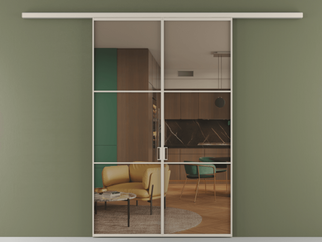 Перегородка Formato вдоль стены 2 створки АЛПР 040.03 Алюминий светло-бежевый Прозрачное бронзовое стекло, триплекс Цена 1266470 ₸ | Volhovec