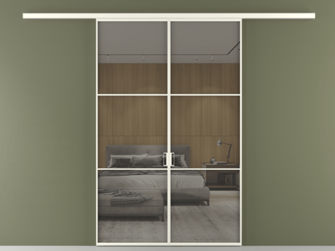 Перегородка Formato вдоль стены двустворчатая АЛПР 040.03 Алюминий жемчужный Рефлективное серое стекло "Stopsol", калёное Цена 1553760 ₸ | Volhovec