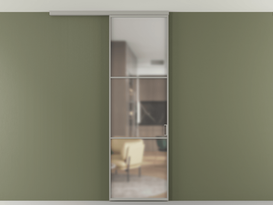 Перегородка Формато вдоль стены на потолок 1 створка АЛПР 040.03 Алюминий нейтральный серый Сатинированное стекло "Мателюкс Кристал Вижн", калёное, матовое, каленое 6 мм Цена 948856 ₸ | Volhovec