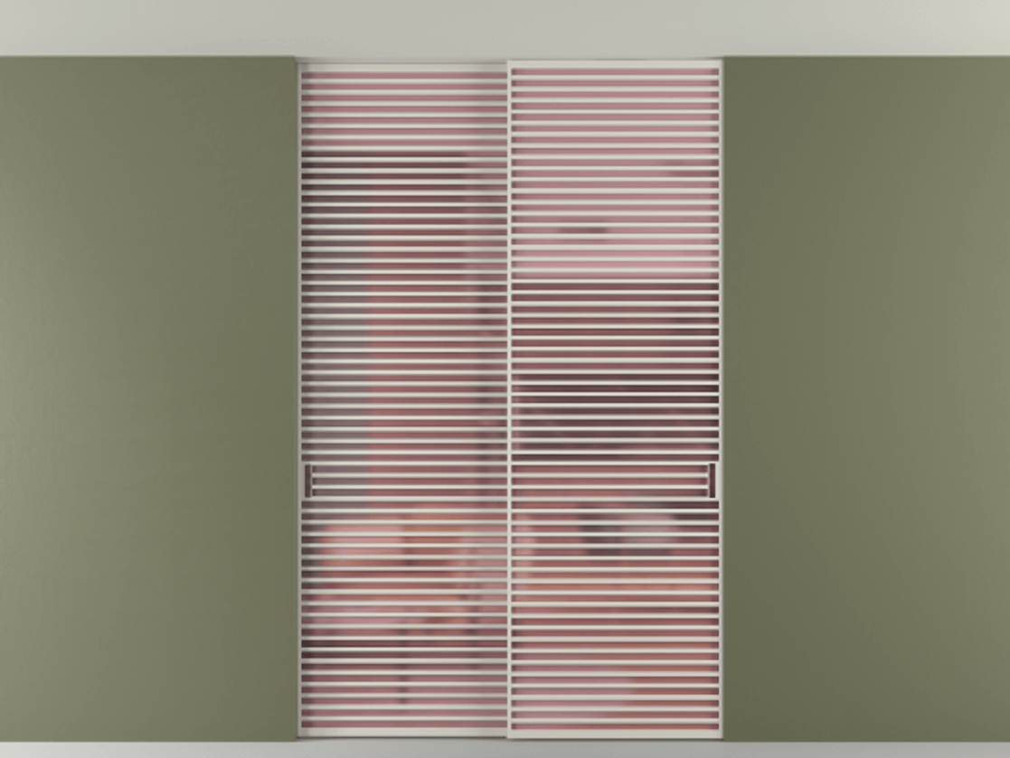 Перегородка Formato внутри проёма скрытое крепление в потолок 2 створки АЛПР 040.07 Алюминий тёплый серый Сатинированное розовое стекло, триплекс Цена 2676700 ₸ | Volhovec